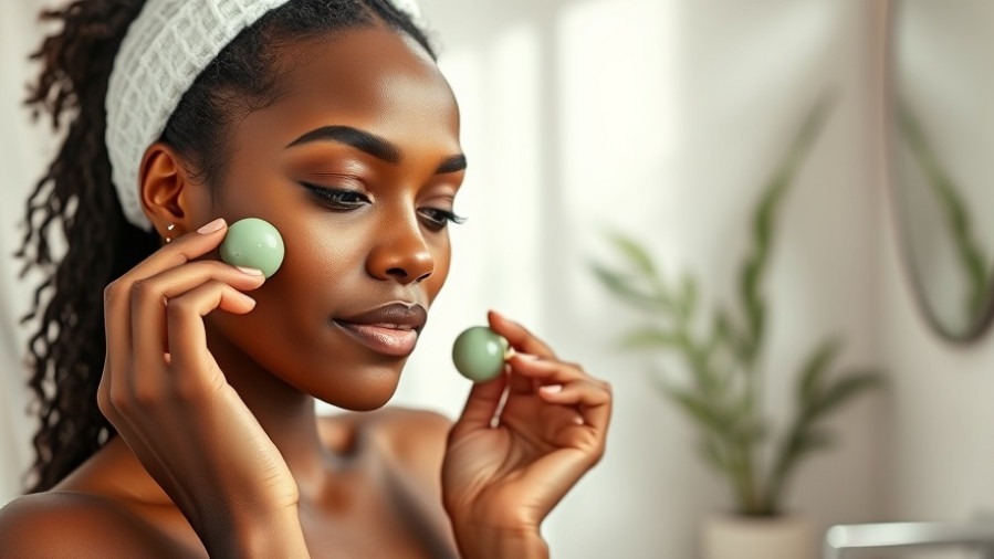 Black woman using a jade roller in a minimalistic bathroom to reduce eye puffiness.
