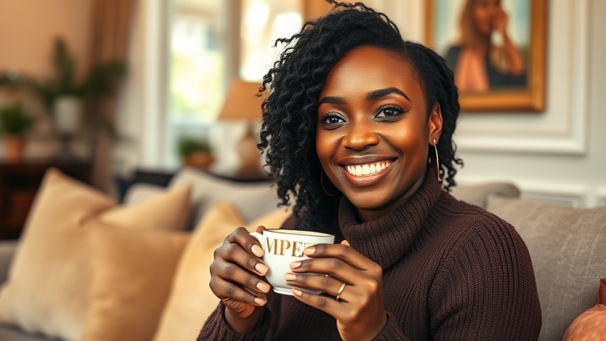Smiling Black woman enjoying a homemade herbal tea for natural flu protection.