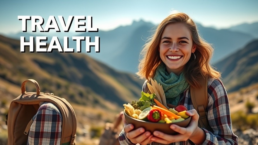 Smiling traveler with healthy food bowl in vibrant mountain landscape, reflecting personalized nutrition.