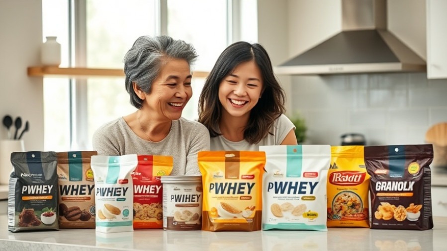 Senior nutrition: older woman and daughter comparing protein products in a bright kitchen.
