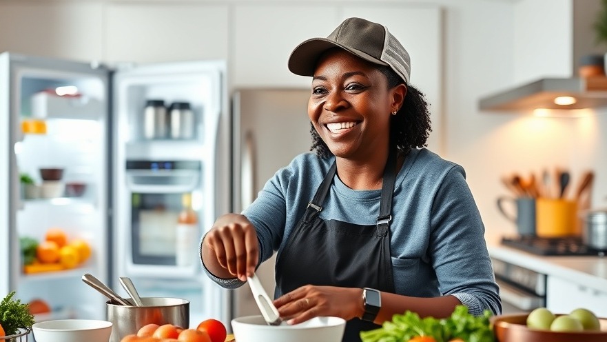 Energetic 51-year-old Black woman cooking vibrantly, showcasing women's wellness after 50.