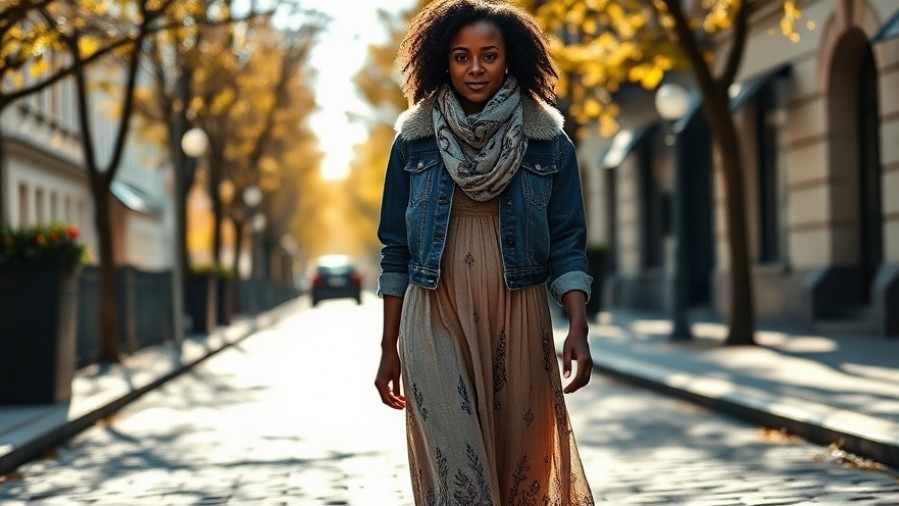 African American woman in sustainable fashion walking on cobblestone street, promoting an intentional wardrobe.