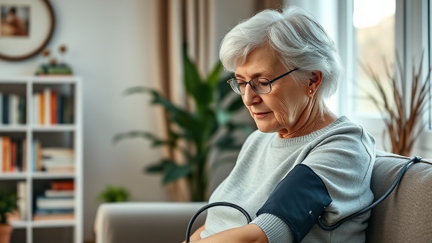Elderly woman measuring her blood pressure at home, highlighting hypertension management.