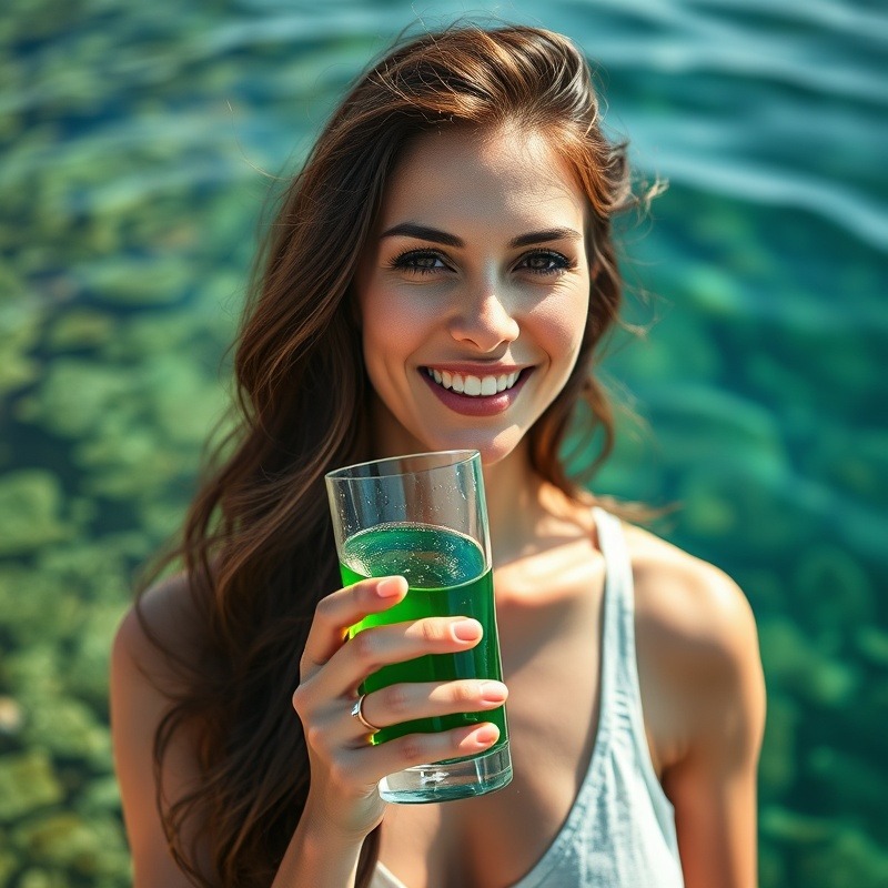 image of healthy woman on the path to vibrant health by drinking nutrient dense marine phytoplankton. contents of the 150ml glass need to be green