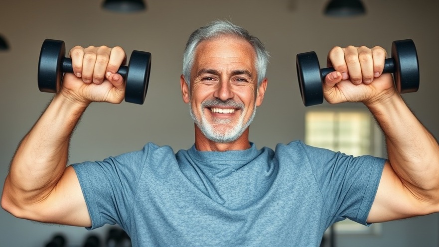 50ish male smiling while lifting weights, showcasing strong hands with five fingers.