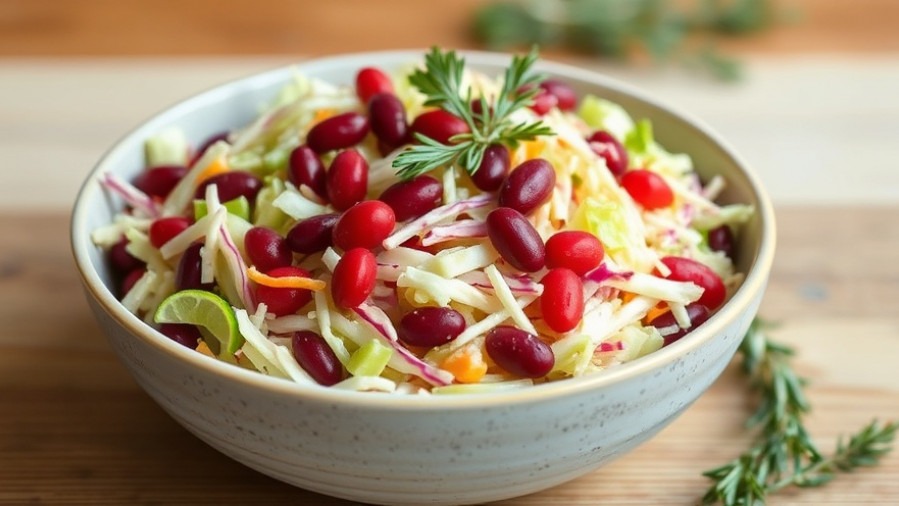 Vibrant plant-based coleslaw with red beans and rosemary, ideal for vegan salads.