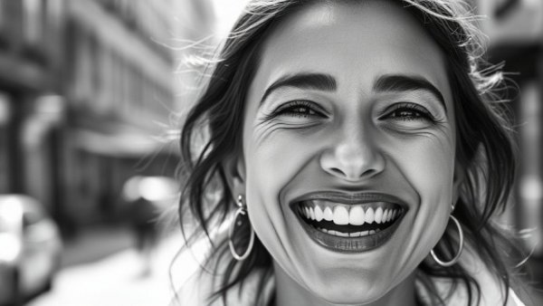 Happy woman smiling brightly against a blurred background.