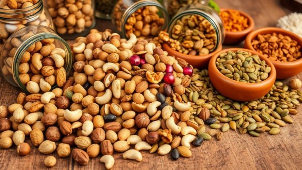 Assorted nuts and seeds on a rustic table for making nut and seed butters.