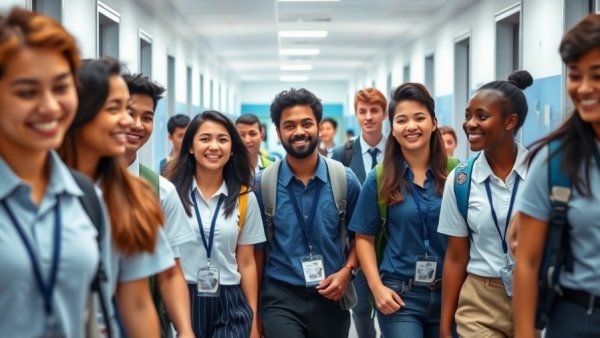 Diverse students in uniforms walking through a school corridor, showcasing a healthy and safe boarding school culture.