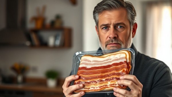 Middle-aged man holding bacon for natural energy support.
