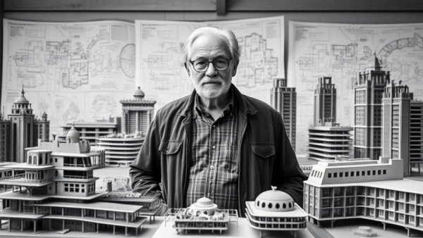 Bilbao Guggenheim models with architect, reflecting Frank Gehry's legacy.