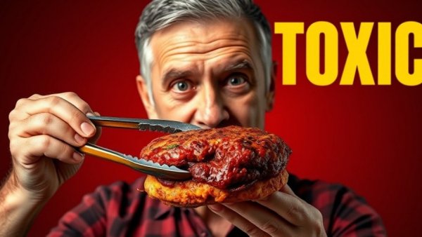 Man holding burger patty with 'TOXIC' text, worst protein warning.