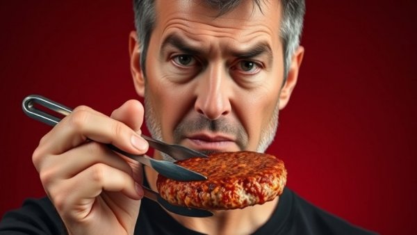 Mature man holds a hamburger patty with tongs, expressing concern.