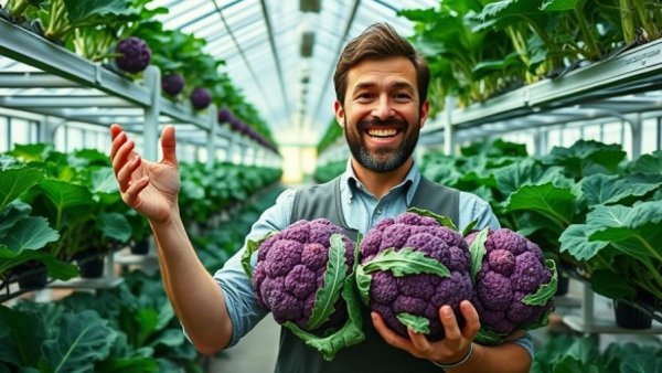Purple cauliflower cultivation on aeroponic towers in a greenhouse.
