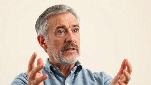 Middle-aged man explaining, discussing raw cashews as dangerous food