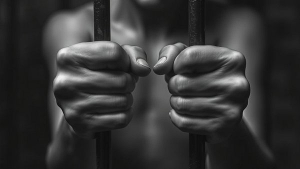 Somber abstract art of hands gripping bars, symbolizing justice.