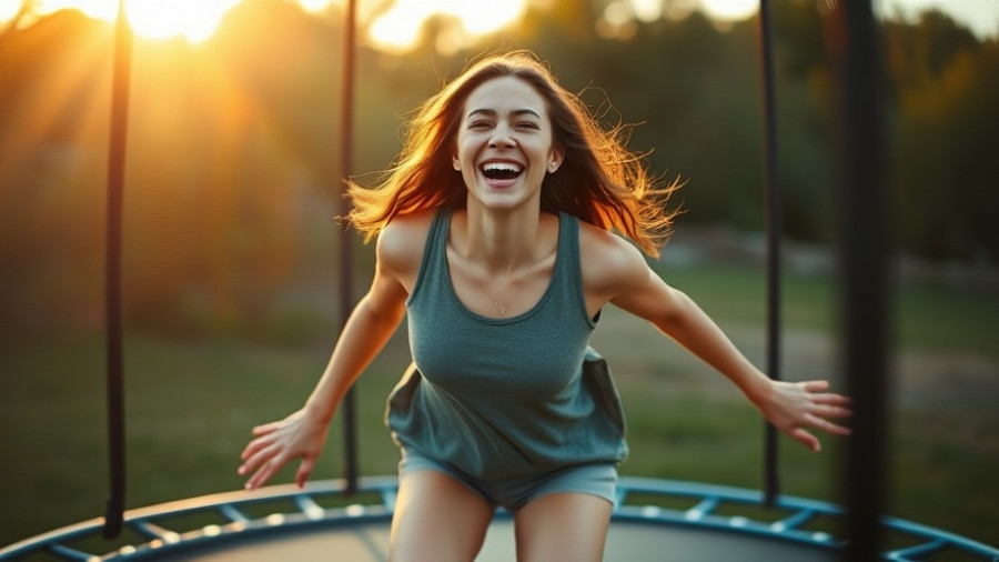 Cheerful woman enjoying micro workouts on a trampoline at golden hour.