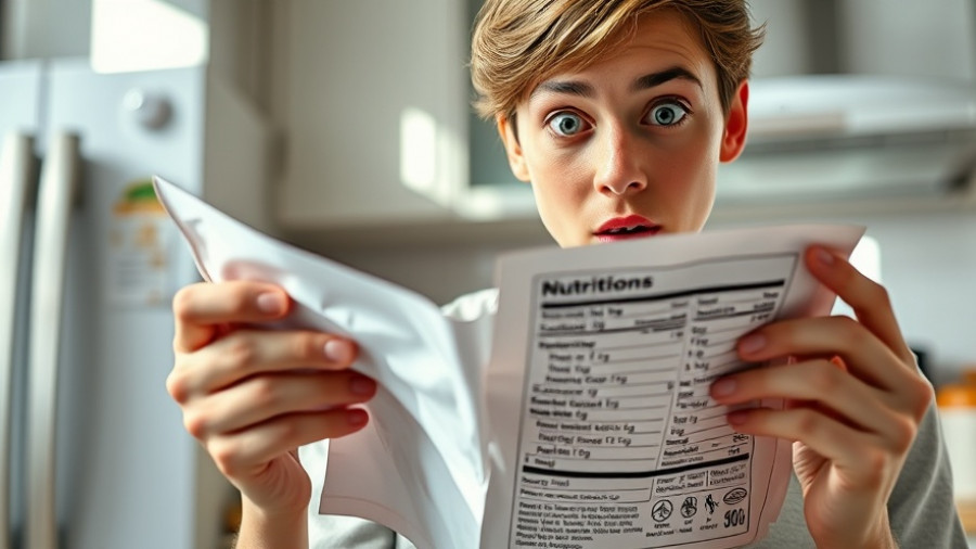 Surprised young adult examines nutrition label, highlighting the impact of sugar on health.