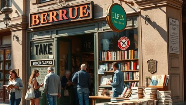 Exterior of a vintage bookstore with people browsing books, related to online second-hand bookstores in Australia.