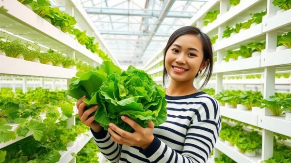 Woman holding hydroponic lettuce in a vertical farming greenhouse.