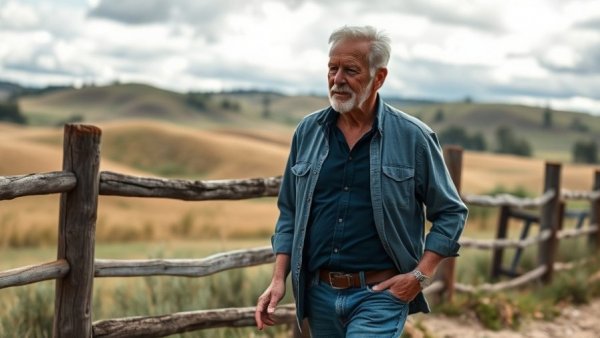 Man walking by a wooden fence, sun safety outdoors.