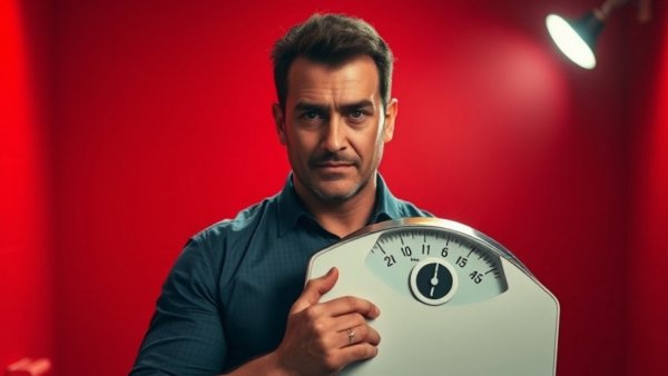 Confident man holding scale against red background, stop weighing yourself for weight loss.