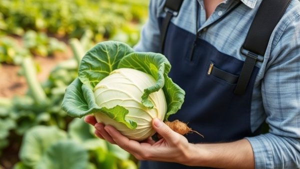 Man holding cabbage inspecting roots in a garden, maximizing cabbage cultivation.