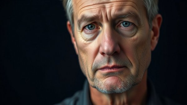 Close-up of a serious middle-aged man, contemplative expression.