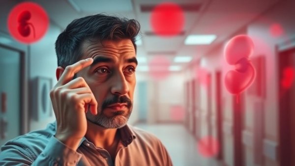 Concerned man highlighting signs of kidney disease, red hospital background.