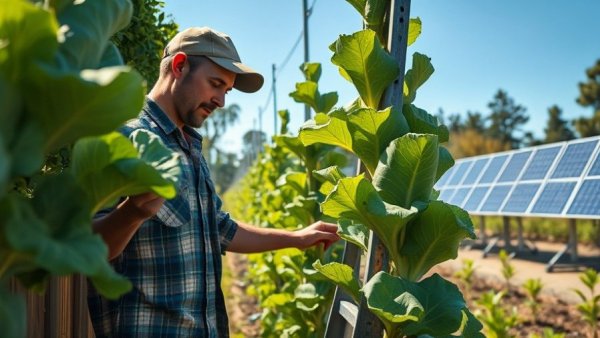 Man tending vertical cabbage plants in high-density cultivation under solar panels.