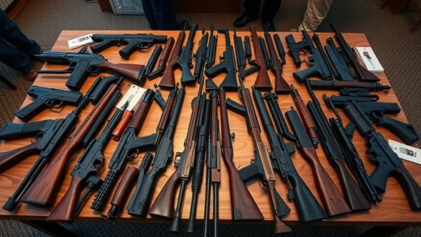 Assorted firearms displayed during national gun buyback scheme Australia.