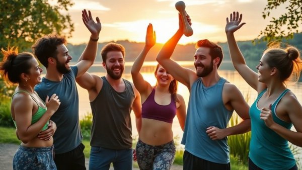 Gen Z fitness trends at sunset, group celebrating outdoors.