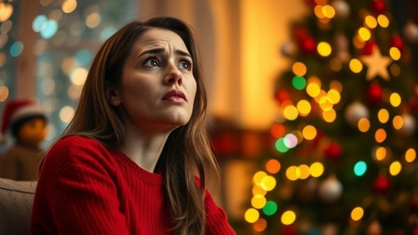 Frustrated woman managing holiday stress near a decorated Christmas tree.