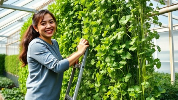 Woman tending a vertical garden of parsley in sunlight.