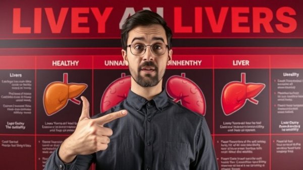 Comparison of healthy and unhealthy livers with a surprised man highlights 7 signs your liver is dying.