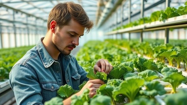 Young man trimming hydroponic lettuce in a vertical farming greenhouse.