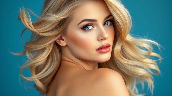 Brigitte Bardot modern woman with voluminous blond hair against blue.