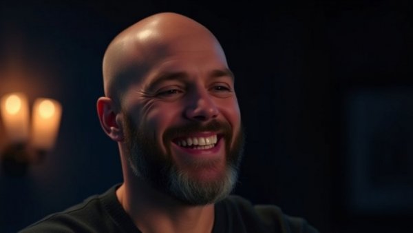 Bald man with beard discussing Aussie slang in dim lighting.
