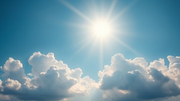 Cloud loss and global warming depicted by sun rays through clouds.