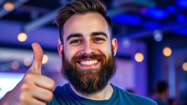 Bearded man celebrating Australian lifestyle and culture with thumbs up.