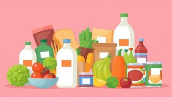 Colorful groceries with price tags, holistic health solutions.