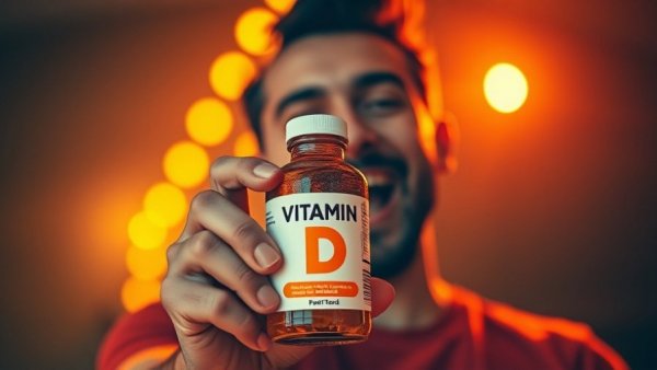 Enthusiastic person with Vitamin D bottle, glowing background.