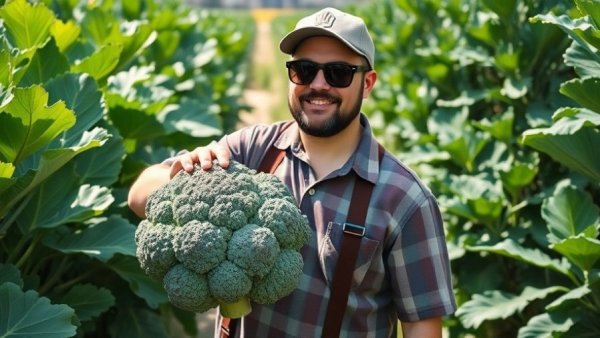Casual man showcasing broccoli in a vibrant garden, vertical farming.