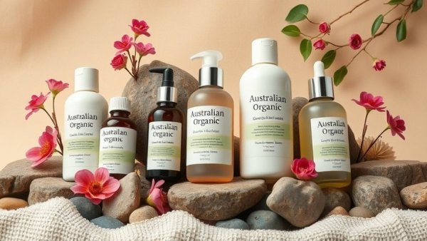 Australian organic skincare display with natural elements and black bottles.