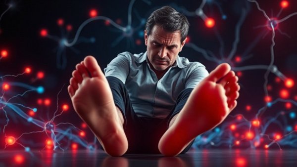 Burning sensation in your feet depicted with digital nerve graphics and pain expression.