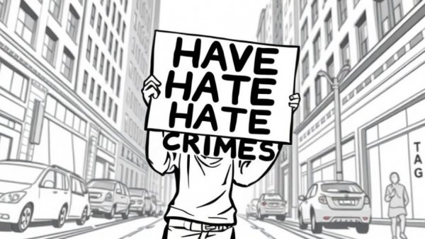 Monochrome illustration advocating hate crime measures Australia.