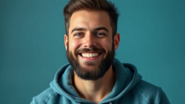 Confident smiling man in teal hoodie, embodying Australian lifestyle and culture.