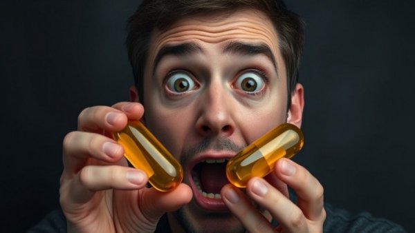 Astonished man holding two cod liver oil capsules against dark background.