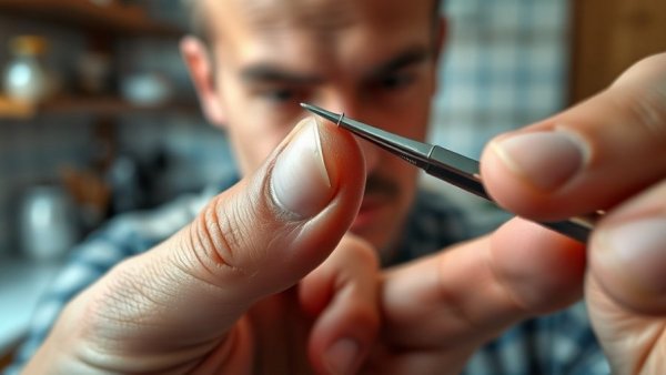 How to remove a splinter using tweezers in a kitchen setting.