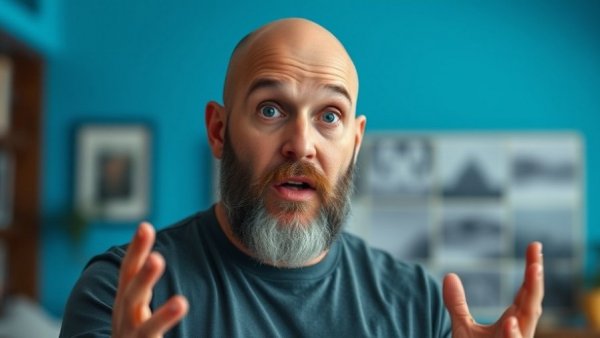 Australian lifestyle and culture discussion, surprised bearded man indoors.